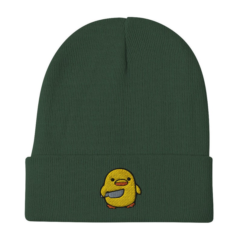 Chick with Knife Embroidered Beanie, Duck Knife Cap, Little Chicken Funny Internet Meme, Distressed denim hat,, Bird Cap