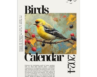 Birds Wall Calendar 2024, Birds Fine Art Paints Calendar. Birdwatcher Twitcher Birder Gifts