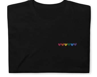 Embroidered Rainbow Heart Shirt, pocket size Gat LGBT T Shirt. Pride Rainbow Heart T shirt, Pride Shirt. Unisex Pride LGBT Gift.