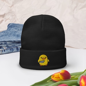 Chick with Knife Embroidered Beanie, Duck Knife Cap, Little Chicken Funny Internet Meme, Distressed denim hat,, Bird Cap