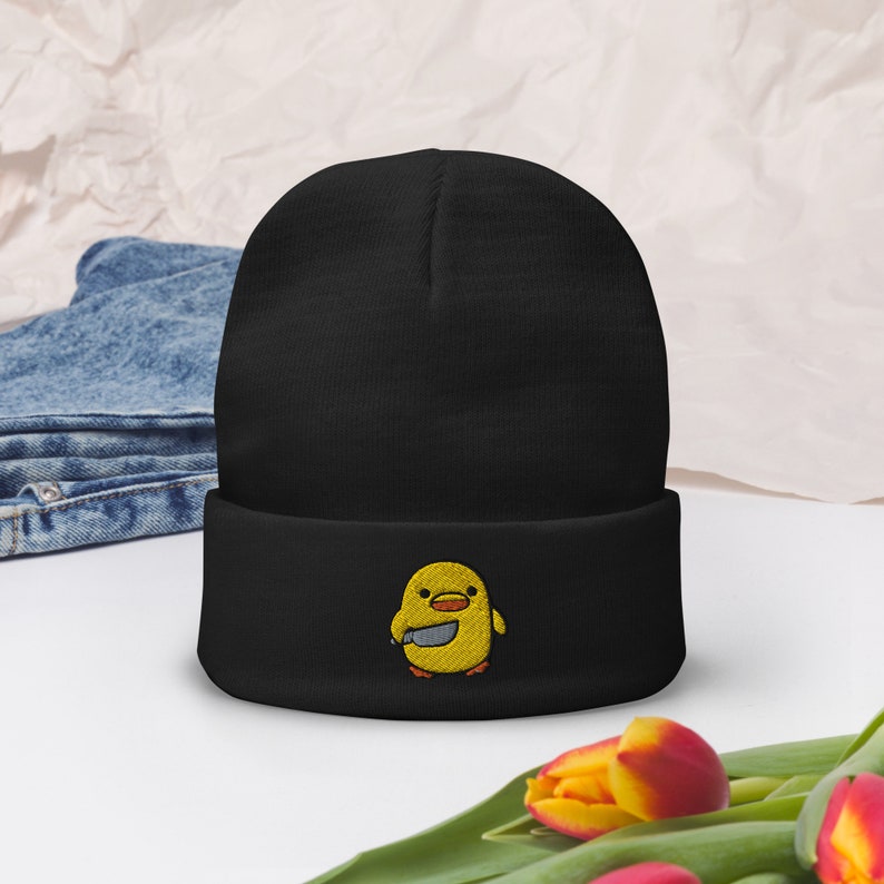 Chick with Knife Embroidered Beanie, Duck Knife Cap, Little Chicken Funny Internet Meme, Distressed denim hat,, Bird Cap