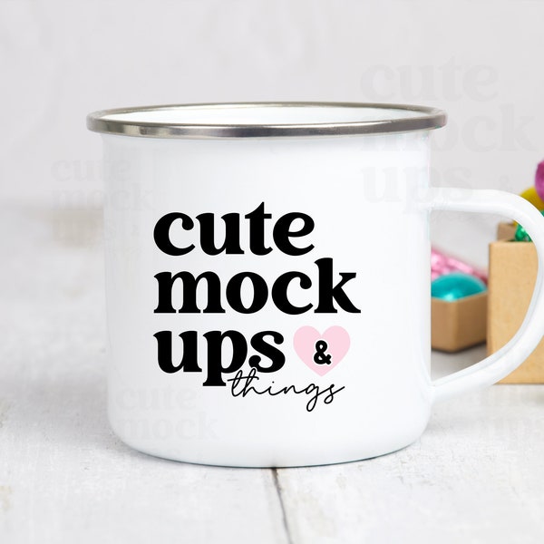 Easter Enamel Mug Mock Up | Pink Easter Mug JPEG Mockup | Camping Mug With Easter Eggs Flattened Mock Up | Styled Mug Mock Up Photography