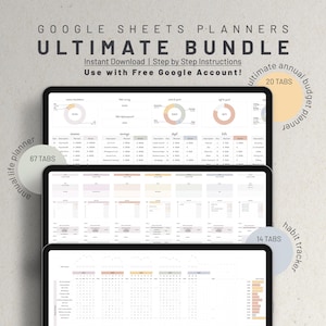 Puede incluir: Un paquete de productos digitales de planificadores de Google Sheets, que incluye un planificador de vida anual con 67 pestañas, un planificador de presupuesto anual definitivo con 20 pestañas y un rastreador de hábitos con 14 pestañas. La imagen muestra una captura de pantalla de los planificadores, con cada planificador mostrado en una ventana separada.