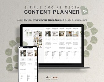 May include: A laptop and smartphone displaying a social media content planner. The planner includes a calendar, image placeholders, and text fields. The text on the screen reads "SIMPLE SOCIAL MEDIA CONTENT PLANNER". The background is a neutral color with decorative shapes.