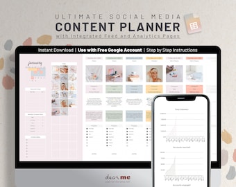 May include: A computer screen displaying a pink and white social media content planner template with a calendar, grid, and notes sections. A smartphone is shown next to the computer screen displaying a graph with the labels "Total followers", "Accounts reached", and "Accounts engaged". The text "ULTIMATE SOCIAL MEDIA CONTENT PLANNER" is at the top of the screen.