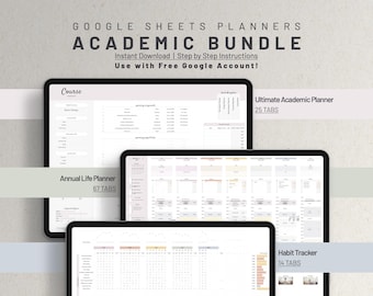 May include: A digital screen displaying four Google Sheets planners for academic use. The planners are titled "Course", "Annual Life Planner", "Ultimate Academic Planner", and "Habit Tracker". Each planner has a different number of tabs, with the "Annual Life Planner" having 67 tabs, the "Ultimate Academic Planner" having 25 tabs, and the "Habit Tracker" having 14 tabs.