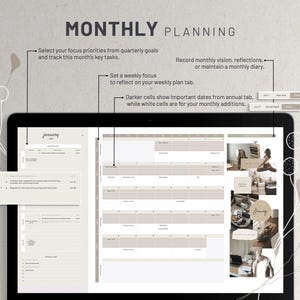 May include: A digital monthly planner with a beige and white color scheme. The planner includes a calendar grid, a section for monthly goals, and a section for weekly reflections. The text "January 2023" is visible at the top of the calendar grid.