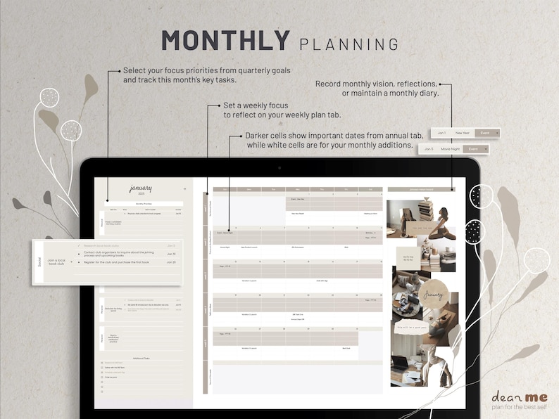 May include: A digital monthly planner with a beige and white color scheme. The planner includes a calendar grid, a section for monthly goals, and a section for weekly reflections. The text "January 2023" is visible at the top of the calendar grid.