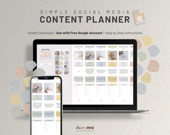 May include: A laptop and a smartphone displaying a digital social media content planner with a calendar, image grids, and text boxes for planning posts. The planner is titled "Simple Social Media Content Planner" and includes the text "Instant Download | Use with Free Google Account | Step by Step Instructions". The planner is designed with a light gray background and pastel colors.