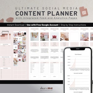 Social Media Planner Spreadsheet, Pink Google sheets Content Calendar with Analytics, Batch Content Manager