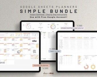Simple Bundle Google Sheets Planner, Monthly Life Planner, Simple Monthly Budget Planner, Habit Tracker