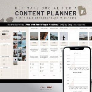 May include: A computer screen displaying a social media content planner template with a calendar, feed, and analytics pages. The template is designed for use with a free Google account. The screen is on a desk with a smartphone displaying a graph of social media analytics.