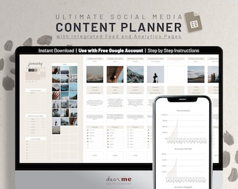 May include: A computer screen displaying a social media content planner template with a calendar, feed, and analytics pages. The template is designed for use with a free Google account. The screen is on a desk with a smartphone displaying a graph of social media analytics.