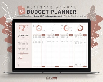 May include: A laptop screen displaying a digital budget planner template with a calendar, charts, and tables for tracking income, expenses, savings, debt, and bills. The template is designed for use with Google Sheets and features a minimalist aesthetic with a brown and white color scheme. The text on the screen reads "ULTIMATE ANNUAL BUDGET PLANNER" and "january 2023".
