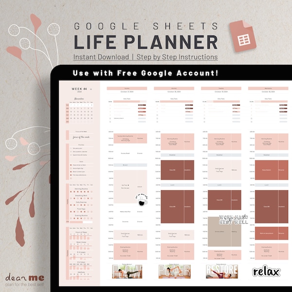 Google Sheets Digital Planner,  Digital Annual Calender Spreadsheet, Daily Schedule Task Tracker