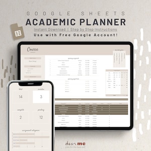 May include: A Google Sheets template for an academic planner. The template is designed to help students organise their courses, assignments, and deadlines. The template includes sections for course information, assignment categories, and a calendar. The template is available for instant download with step-by-step instructions. The template is designed to be used with a free Google account.