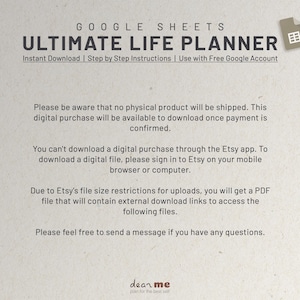 May include: A digital download for a Google Sheets Ultimate Life Planner. The text on the image reads "Instant Download | Step by Step Instructions | Use with Free Google Account".