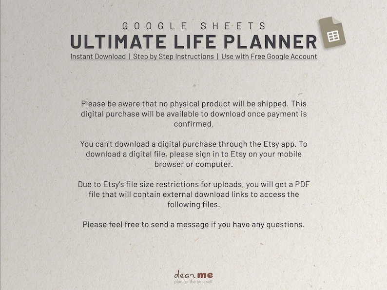 May include: A digital download for a Google Sheets Ultimate Life Planner. The text on the image reads "Instant Download | Step by Step Instructions | Use with Free Google Account".
