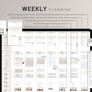 May include: A weekly planner with a gray and white color scheme. The planner includes sections for daily tasks, meal planning, and notes. The planner also includes a section for tracking activities, such as exercise, reading, and volunteering.