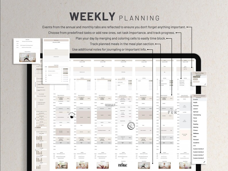 May include: A weekly planner with a gray and white color scheme. The planner includes sections for daily tasks, meal planning, and notes. The planner also includes a section for tracking activities, such as exercise, reading, and volunteering.