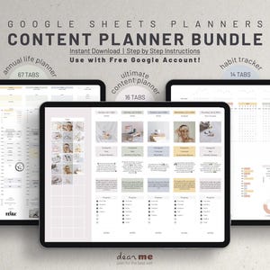 May include: A computer screen displaying four Google Sheets templates for content planning. The templates are titled "Annual Life Planner", "Ultimate Content Planner", "Habit Tracker", and "Content Planner". The templates are designed in a minimalist style with a light gray background and black text. The templates are designed to help users plan their content for social media, blogs, and other online platforms.