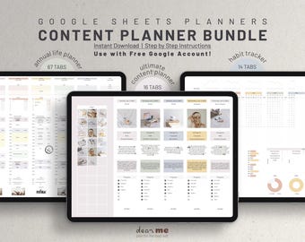 May include: A computer screen displaying four Google Sheets templates for content planning. The templates are titled "Annual Life Planner", "Ultimate Content Planner", "Habit Tracker", and "Content Planner". The templates are designed in a minimalist style with a light gray background and black text. The templates are designed to help users plan their content for social media, blogs, and other online platforms.