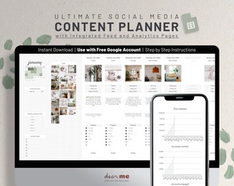 May include: A computer screen displaying a social media content planner template with a calendar, image grid, and analytics charts. The template is designed for use with a free Google account and includes step-by-step instructions. The screen is labeled "January" and features a green and white color scheme.