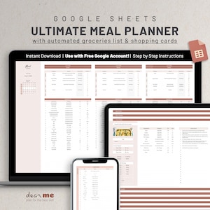 Puede incluir: Una captura de pantalla de una hoja de cálculo de Google Sheets con el título "Ultimate Meal Planner" y el texto "Descarga instantánea | ¡Usa con una cuenta de Google gratuita! | Instrucciones paso a paso". La hoja de cálculo está dividida en columnas y filas, con encabezados como "Comida", "Receta", "Ingredientes" y "Notas".