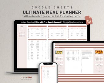 May include: A screenshot of a Google Sheets spreadsheet with the title "Ultimate Meal Planner" and the text "Instant Download | Use with Free Google Account! | Step by Step Instructions". The spreadsheet is divided into columns and rows, with headings such as "Meal", "Recipe", "Ingredients", and "Notes".