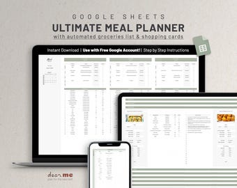 May include: A laptop, tablet, and smartphone displaying a Google Sheets spreadsheet with the text "Ultimate Meal Planner" and "Instant Download | Use with Free Google Account! | Step by Step Instructions".