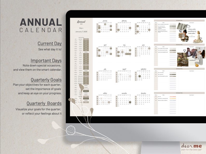 May include: A computer screen displaying a printable annual calendar with sections for current day, important days, quarterly goals, and quarterly boards. The calendar is in a minimalist style with a beige and white color scheme.