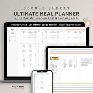 Op de afbeelding: Een laptop, tablet en telefoon die een Google Sheets-spreadsheet weergeven met een sjabloon voor een maaltijdplanner. De sjabloon bevat een kalender, secties voor maaltijdplanning en secties voor boodschappenlijstjes. De tekst op het scherm luidt "Google Sheets Ultimate Meal Planner with automated groceries list & shopping cards Instant Download | Use with Free Google Account! | Step by Step Instructions".