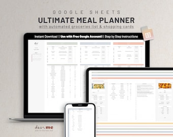 May include: A laptop, tablet, and phone displaying a Google Sheets spreadsheet with a meal planner template. The template includes a calendar, meal planning sections, and grocery list sections. The text on the screen reads "Google Sheets Ultimate Meal Planner with automated groceries list & shopping cards Instant Download | Use with Free Google Account! | Step by Step Instructions".