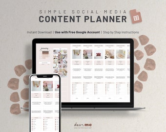 May include: A laptop and a smartphone displaying a digital social media content planner template with a calendar, grid, and sections for content ideas, captions, and hashtags. The template is designed for use with Google Sheets and includes the text "SIMPLE SOCIAL MEDIA CONTENT PLANNER" and "dearme plan for the best sell".