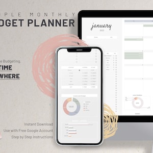 May include: A digital budget planner app on a smartphone screen with a pie chart showing a breakdown of a £13,000 budget. The app is open to the January 2023 calendar view. The text "SIMPLE MONTHLY BUDGET PLANNER" is at the top of the image. The text "Accessible Budgeting. ANYTIME ANYWHERE" is in the lower left corner of the image. The text "Instant Download Use with Free Google Account Step by Step Instructions" is in the lower right corner of the image.