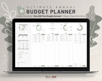 May include: A laptop computer displaying a digital budget planner template with a calendar, charts, and tables for tracking income, savings, debt, and bills. The template is titled "Ultimate Annual Budget Planner" and includes the text "Instant Download | Use with Free Google Account | Step by Step Instructions". The template is designed for the month of January.