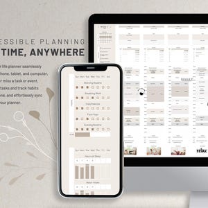 May include: A digital planner app on a phone screen with a daily routine checklist, sleep tracker, and water intake tracker. The app is open to a daily routine checklist with checkboxes for breathing work, daily exercise, face yoga, and morning and evening routines. The app is also open to a sleep tracker with a bar graph showing hours of sleep and a water intake tracker with a bar graph showing water intake. The app is called "dean me plan for the best self".