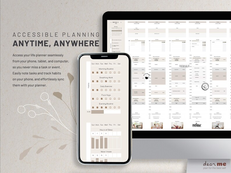 May include: A digital planner app on a phone screen with a daily routine checklist, sleep tracker, and water intake tracker. The app is open to a daily routine checklist with checkboxes for breathing work, daily exercise, face yoga, and morning and evening routines. The app is also open to a sleep tracker with a bar graph showing hours of sleep and a water intake tracker with a bar graph showing water intake. The app is called "dean me plan for the best self".