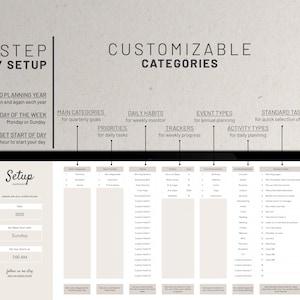 May include: A computer screen displaying a customizable planner setup with categories for main categories, daily habits, event types, standard tasks, priorities, and trackers. The planner is designed for weekly and daily planning.