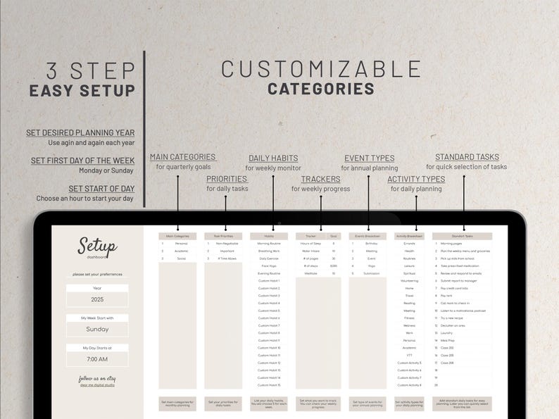 May include: A computer screen displaying a customizable planner setup with categories for main categories, daily habits, event types, standard tasks, priorities, and trackers. The planner is designed for weekly and daily planning.