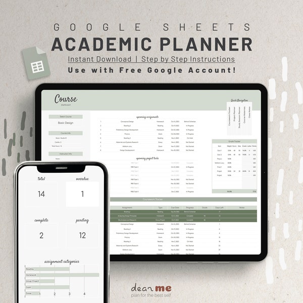 Planificateur numérique académique Google Sheets, feuilles de calcul pour étudiants, suivi des affectations, calculatrice GPA