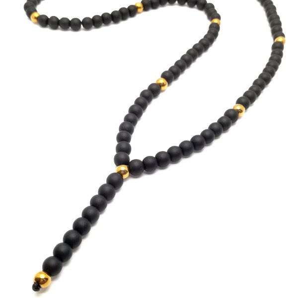 Necklace onyx black matt 6 mm beads hematite gold color 5 mm Y-chain men women Buddha amulet