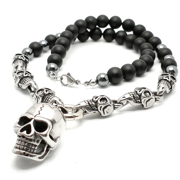 Herren Halskette Rocker Rund Verschluss Anhänger Totenkopf Edelstahl Skull Biker kette Halbedelstein Onyx 10mm Hämatit Handmade Schmuck