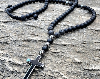 Colar com Cruz, Pedra de Lava Ônix Masculina, Pingente de Hematita, Colar Anti-Stress, Presente para Ele, Dia dos Pais