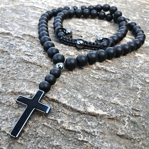 Mens Necklace with Pendant, Cross Stone Hematite, Black Necklaces, Onyx necklace, Faceted Pearls