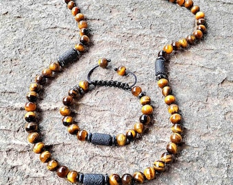 Conjunto de collar y pulsera de ojo de tigre, gargantilla de piedras preciosas, piedra de lava, collar antiestrés, regalo para el Día del Padre