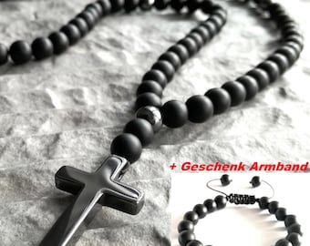 Set Cross Necklace Bracelet, Stone Pendant, Natural Stone Onyx Hematite, fidget Necklace, Protection Jewelry, gift Father’s Day