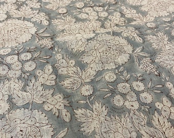 May include: A blue fabric with a white floral pattern. The fabric has a textured linen look.