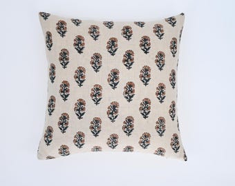 Hand Block Print Floral Pillow Cover | Neutral Linen Throw Cushion | Farmhouse Decor | Susy