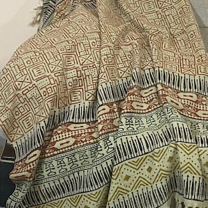 Bohemian Mud Cloth Throw Blanket with Tassels Hand Loomed Block Print Cotton Sofa Throw for Living Room 120X180 Cms